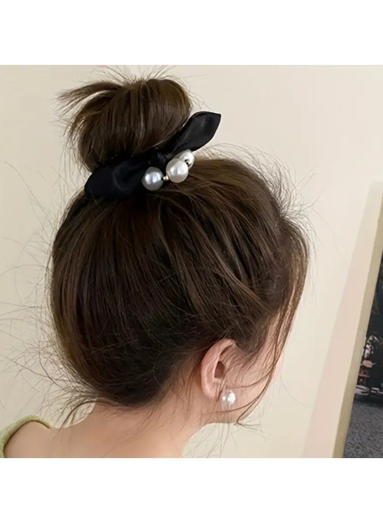 Goolsky 1pc Stylish Twist Black Bow Faux Pearl Hairband - High Elastic Nylon Hair Tie with Preppy Design - Ideal Gift for Women with Long Hair - Image 4