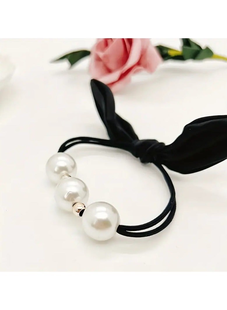 Goolsky 1pc Stylish Twist Black Bow Faux Pearl Hairband - High Elastic Nylon Hair Tie with Preppy Design - Ideal Gift for Women with Long Hair - Image 3