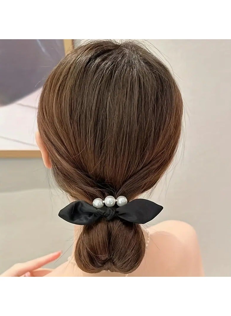Goolsky 1pc Stylish Twist Black Bow Faux Pearl Hairband - High Elastic Nylon Hair Tie with Preppy Design - Ideal Gift for Women with Long Hair - Image 5