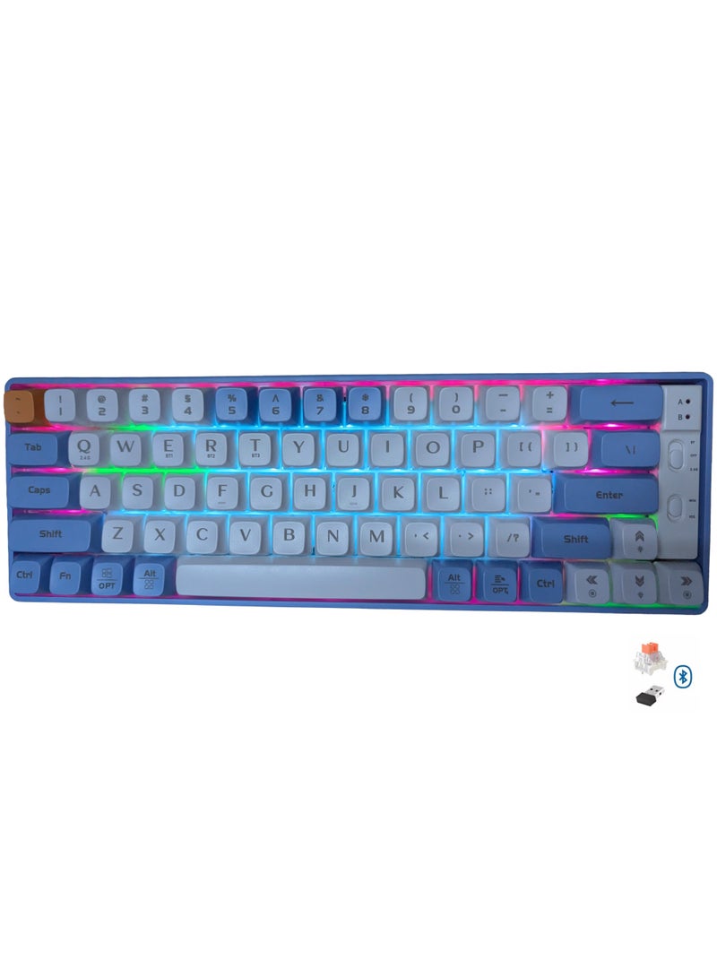 لانغتو لوحة مفاتيح GK65 للألعاب الميكانيكية، لاسلكية، بلوتوث، سلكية، بإضاءة RGB، بثلاثة أوضاع، ومفاتيح خطية برتقالية هادئة قابلة للتبديل السريع مع مقبس لوحة دوائر مطبوعة قابل للتعديل. - Image 1