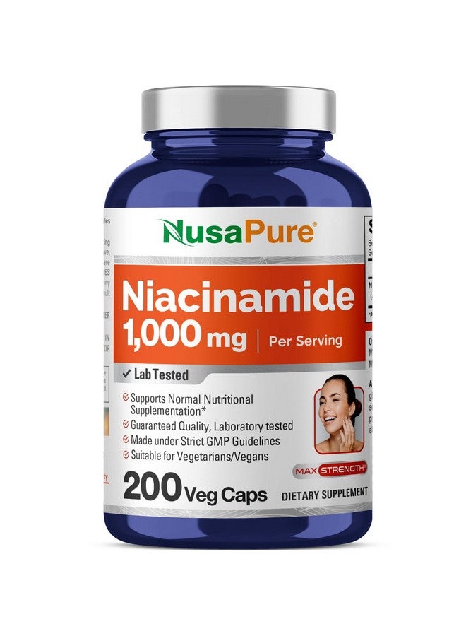 NusaPure Niacinamide 1000mg 200 Veggie Capsules (Non-GMO, Vegan) Flush Free - Image 1