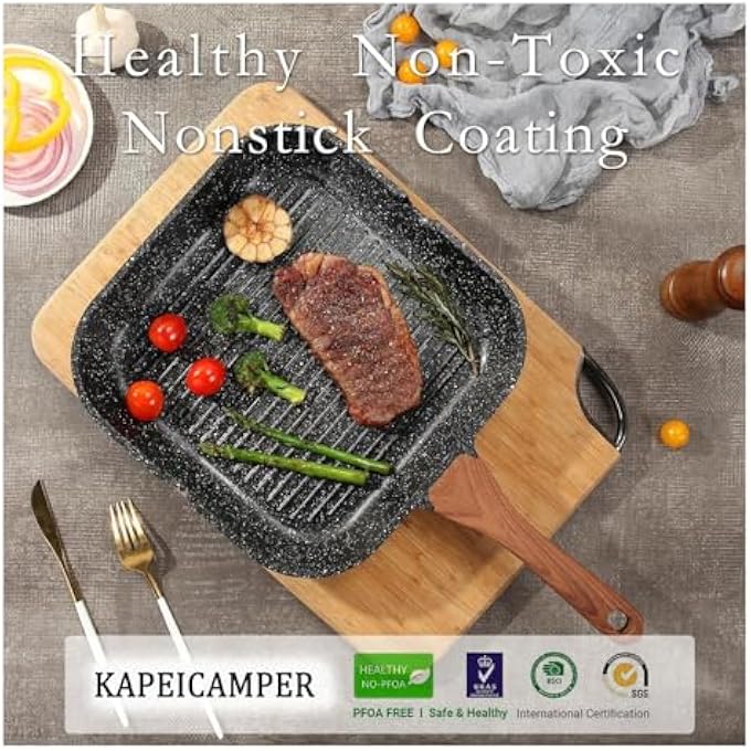 KAPEICamper مقلاة طهي حثية غير لاصقة، مقلاة شواء غير لاصقة مع طلاء جرانيت، مقبض من الخشب الصلب، مقلاة حثية لشرائح اللحم المقدد، مقلاة للغاز 95، مقلاة 24 سم - Image 3