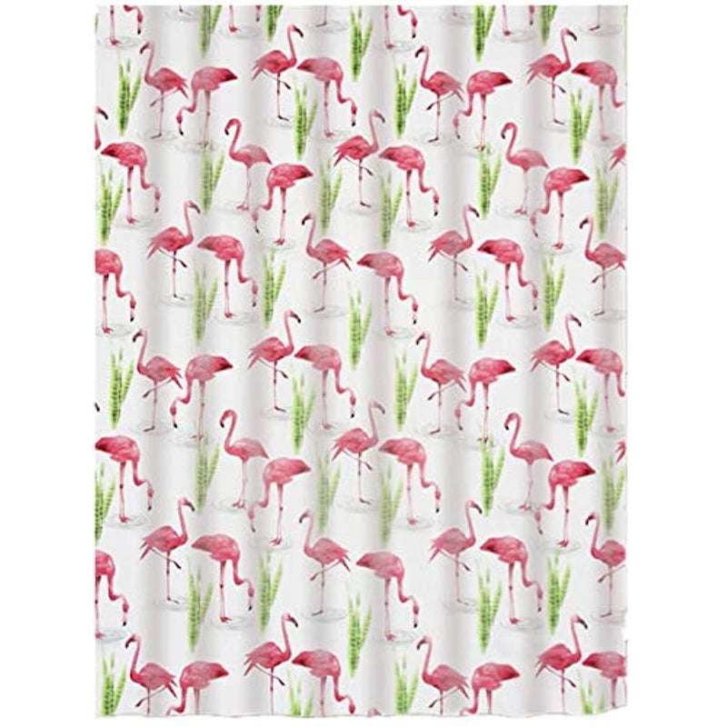 Decorative Tropical Flamingo Print - Easy Care Fabric Shower Curtain with Reinforced Buttonholes, for Bathroom Showers, Stalls and Bathtubs, Machine Washable