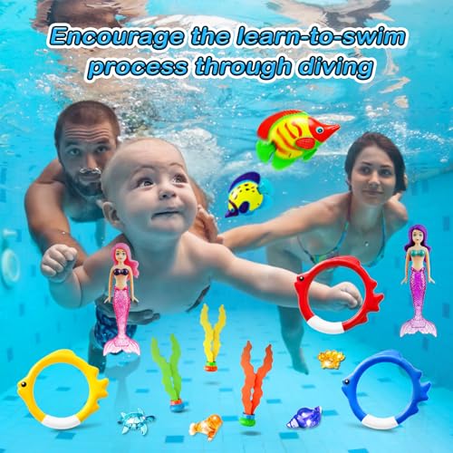 Jasonwell Pool Diving Toys Games 20PCS Swimming Mermaid Pool Toys with Dive Rings Gems Beach Ball Underwater Treasures Seaweeds Fish Swim Toy etc Bath Water Toy Training Gifts for Kids Adult - Image 5