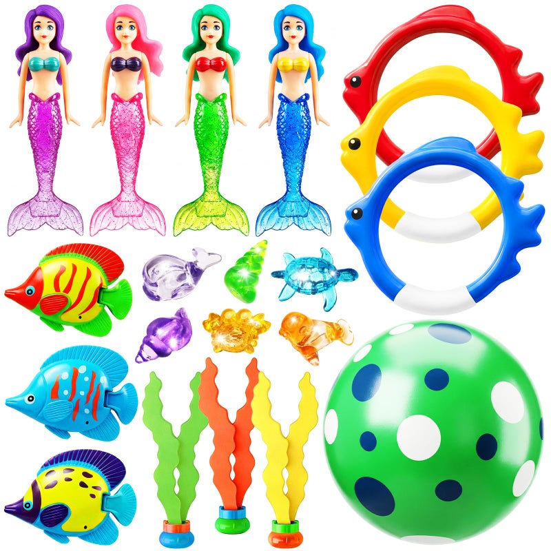 Jasonwell Pool Diving Toys Games 20PCS Swimming Mermaid Pool Toys with Dive Rings Gems Beach Ball Underwater Treasures Seaweeds Fish Swim Toy etc Bath Water Toy Training Gifts for Kids Adult - Image 3