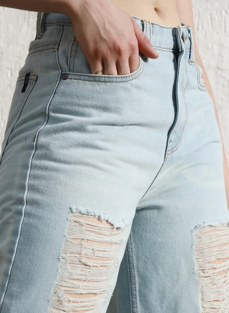Hubberholme Women's Indigo High-Rise Highly Distressed Straight Jeans