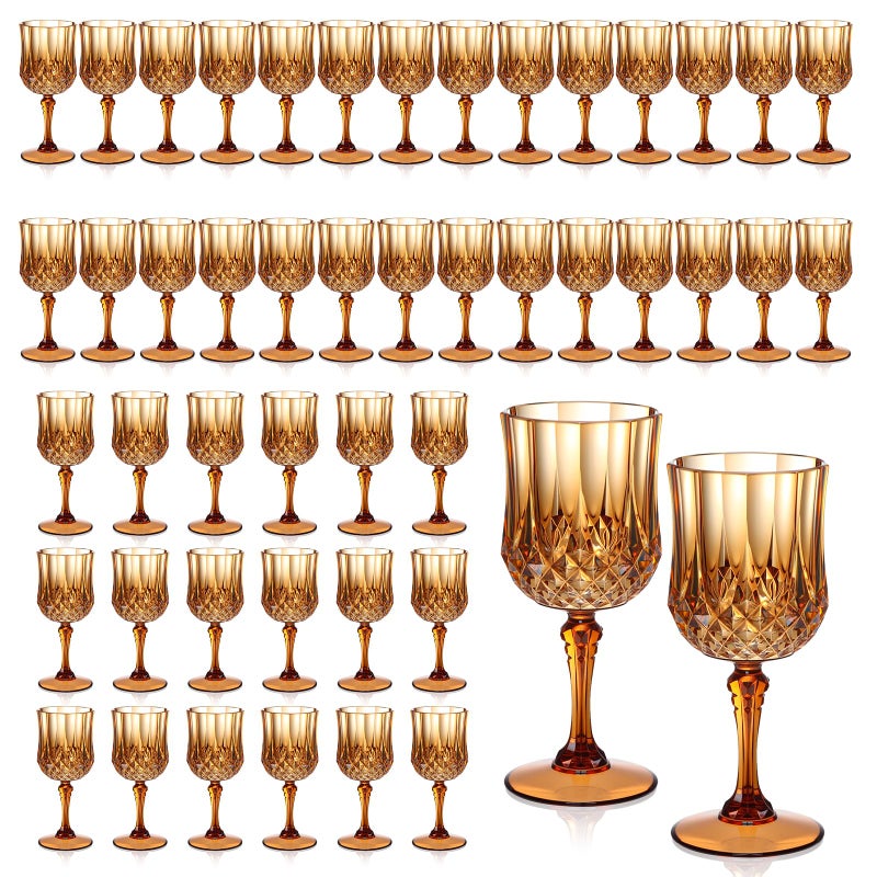 XUWAIDSGN 7oz Plastic Vintage Wine Glasses Drinking Glasses Unbreakable Wedding Glassware Crystal Water Goblets Reusable Drinkware Vintage Champagne Flutes (48, Brown) - Image 1
