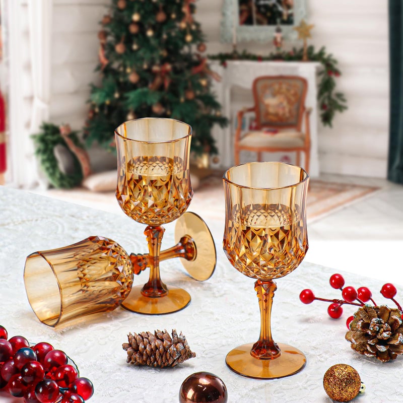 XUWAIDSGN 7oz Plastic Vintage Wine Glasses Drinking Glasses Unbreakable Wedding Glassware Crystal Water Goblets Reusable Drinkware Vintage Champagne Flutes (48, Brown) - Image 4
