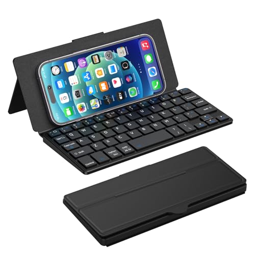 Doohoeek Universal Bluetooth Keyboard for Samsung Galaxy Z Fold, iPad mini 7 2024 & Phones, Dual Bluetooth Mini Keyboard with Any-Angle Kickstand & Leather Cover for Android, Windows and iOS - Image 1