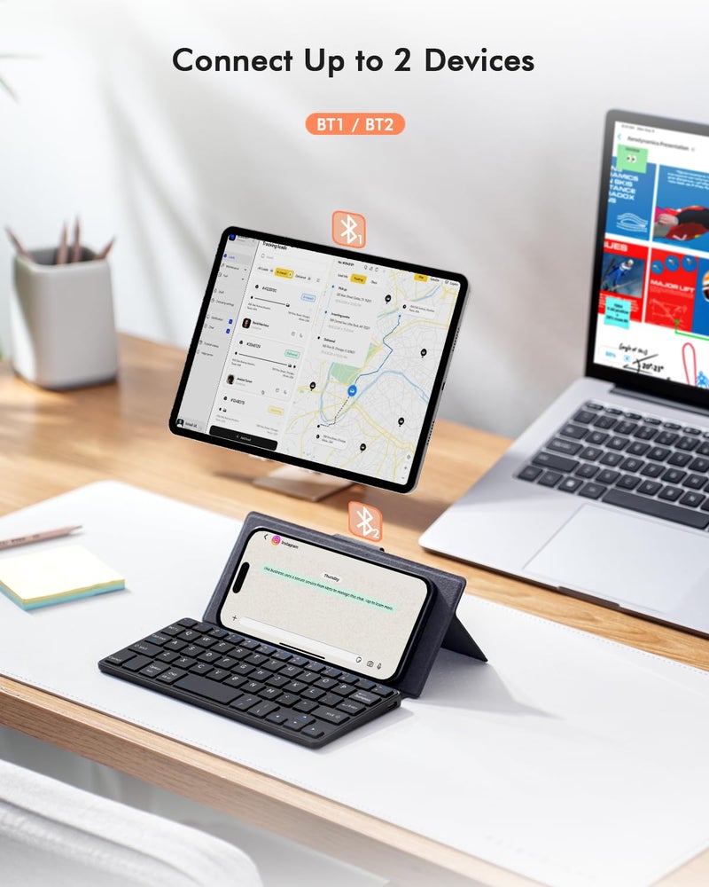 Doohoeek Universal Bluetooth Keyboard for Samsung Galaxy Z Fold, iPad mini 7 2024 & Phones, Dual Bluetooth Mini Keyboard with Any-Angle Kickstand & Leather Cover for Android, Windows and iOS - Image 4