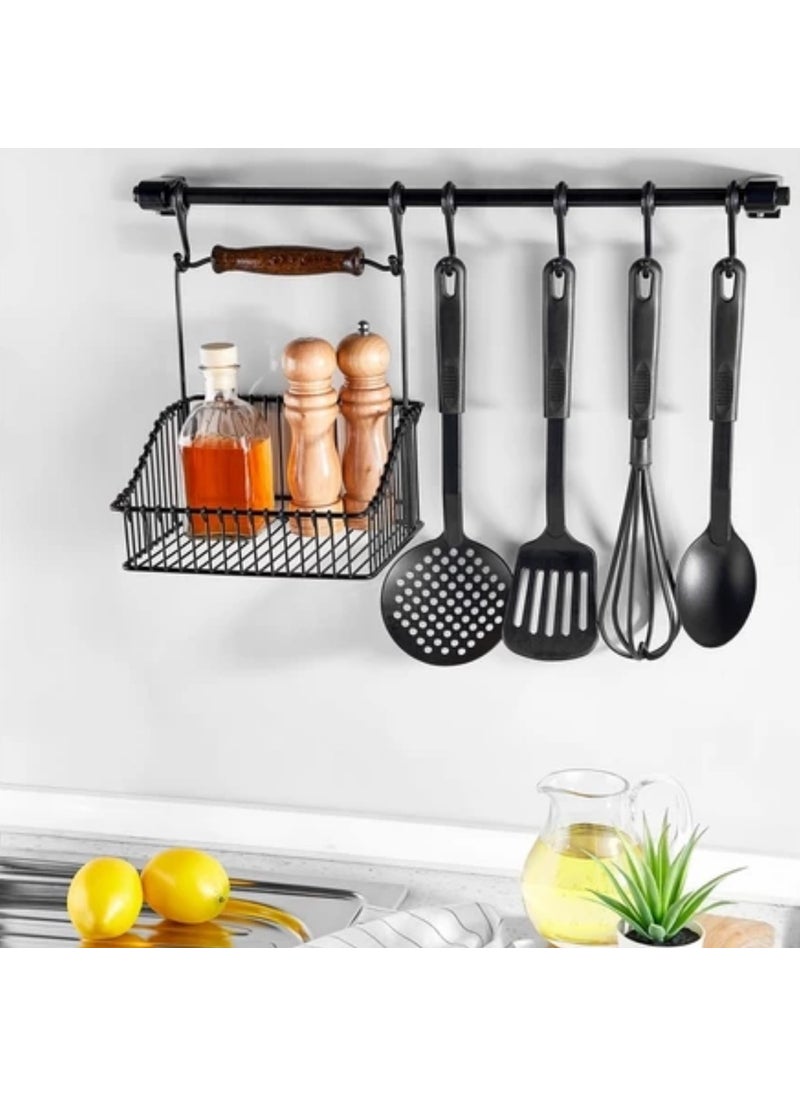 Buffer Retro Wrought Iron Hanger Organizer Kitchen Bathroom Basket with Black Wooden Handle  - Image 2