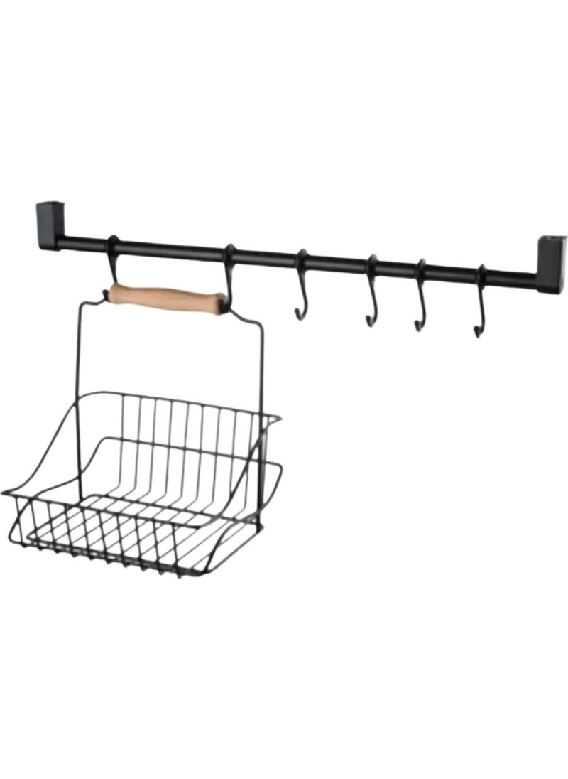 Buffer Retro Wrought Iron Hanger Organizer Kitchen Bathroom Basket with Black Wooden Handle  - Image 1