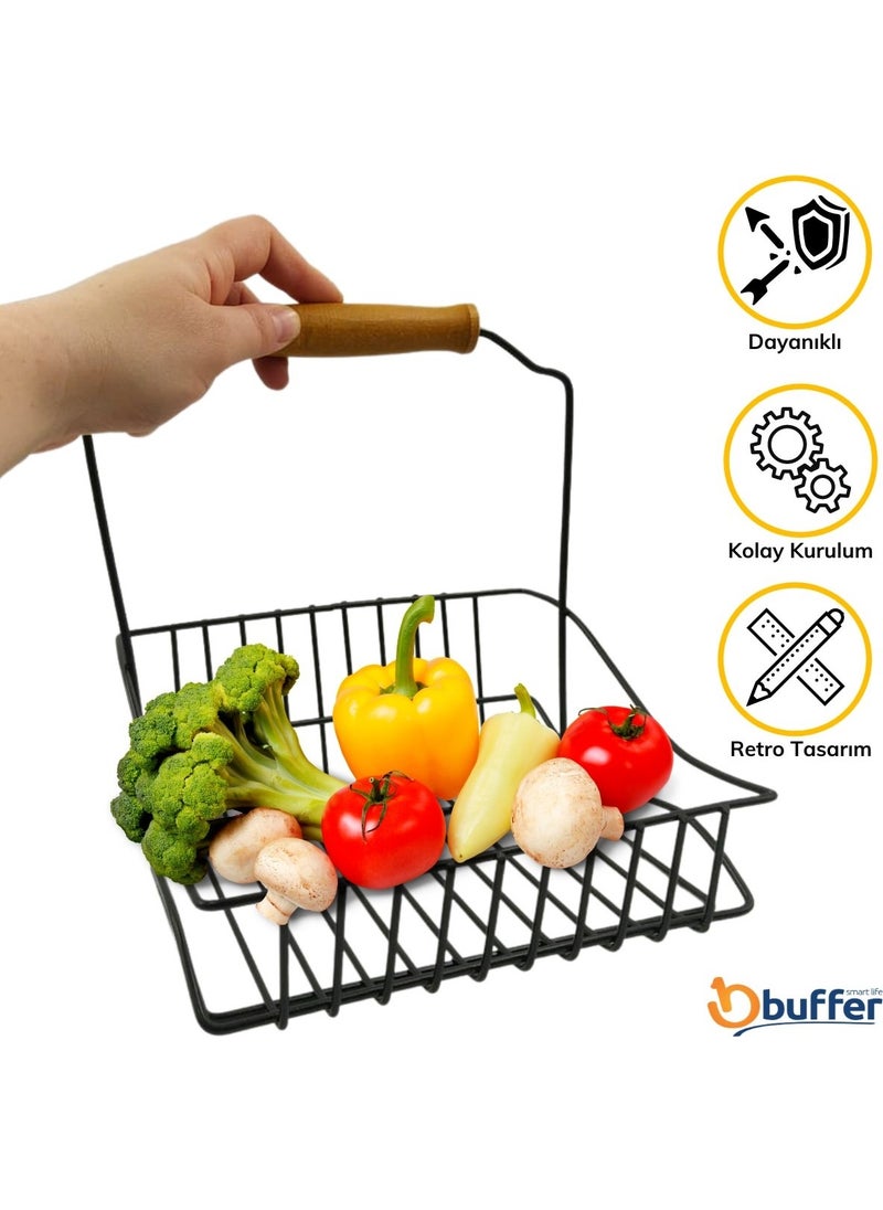 Buffer Retro Wrought Iron Hanger Organizer Kitchen Bathroom Basket with Black Wooden Handle  - Image 3