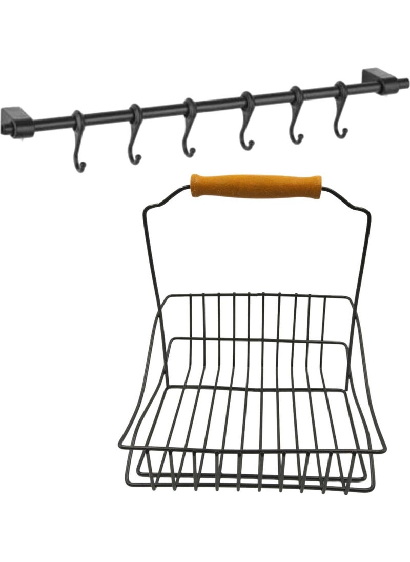 Buffer Retro Wrought Iron Hanger Organizer Kitchen Bathroom Basket with Black Wooden Handle  - Image 4