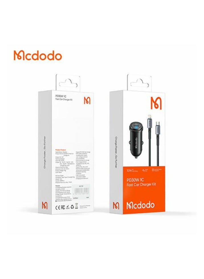 مكدودو Car Charger, CC-7492 USB-C, 30W + USB-C to Lightning Cable Black - Image 3
