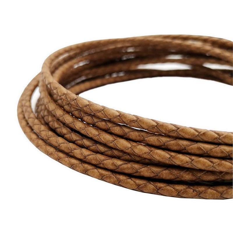 5 Yards 4mm Braided Leather Cord Round Leather Strap for Bracelet Making Bolo Tie Distressed Brown