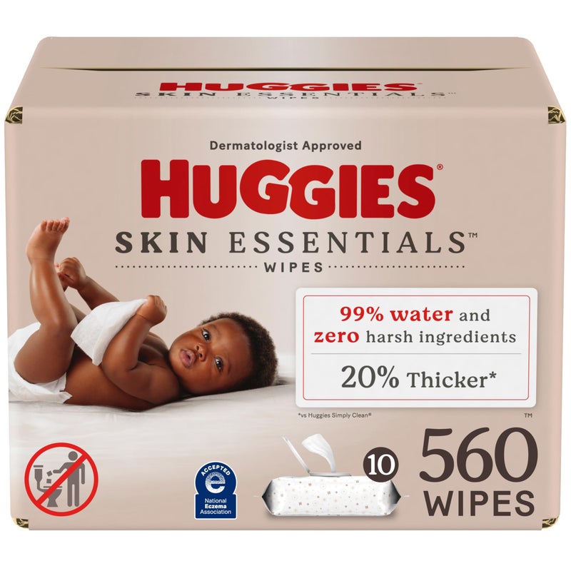 Huggies Skin Essentials Baby Wipes, Hypoallergenic, 99% Water, 10 Flip Top Packs (560 Wipes Total) - Image 1