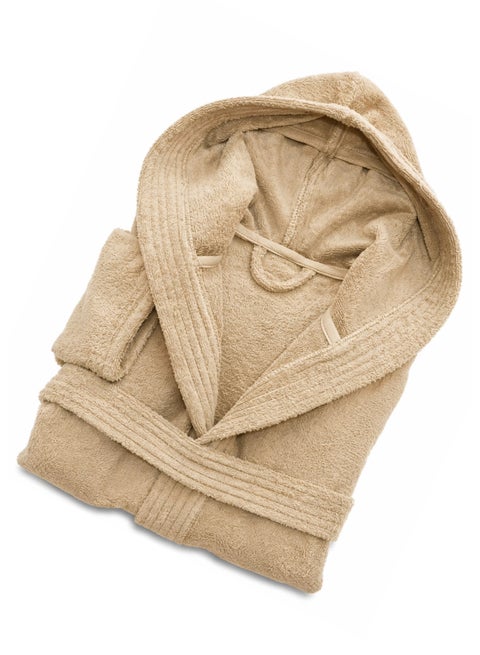 Unisex Hooded Beige Bathrobe 100% Cotton Soft Absorbent Spa & Hotel Quality Bath Robe for Men & Women
