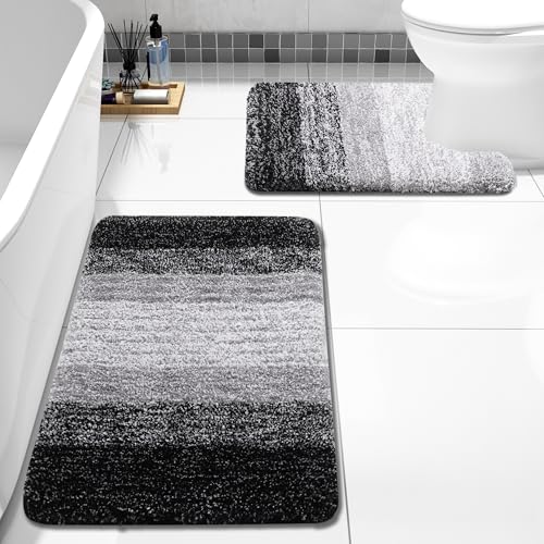 Arotive Bathroom Rugs Sets 2 Piece, Soft Absorbent Microfiber Bath Mats and U-Shaped Contour Toilet Rug, Non-Slip Machine Washable Dry Bath Mats for Bathroom, 24x16 and 24x20, Black - Image 1