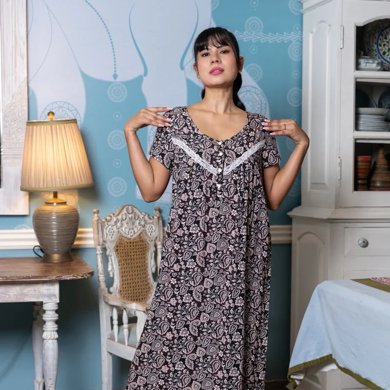 Aadaraya Aadaraya Night Dress Short Sleeves Printed