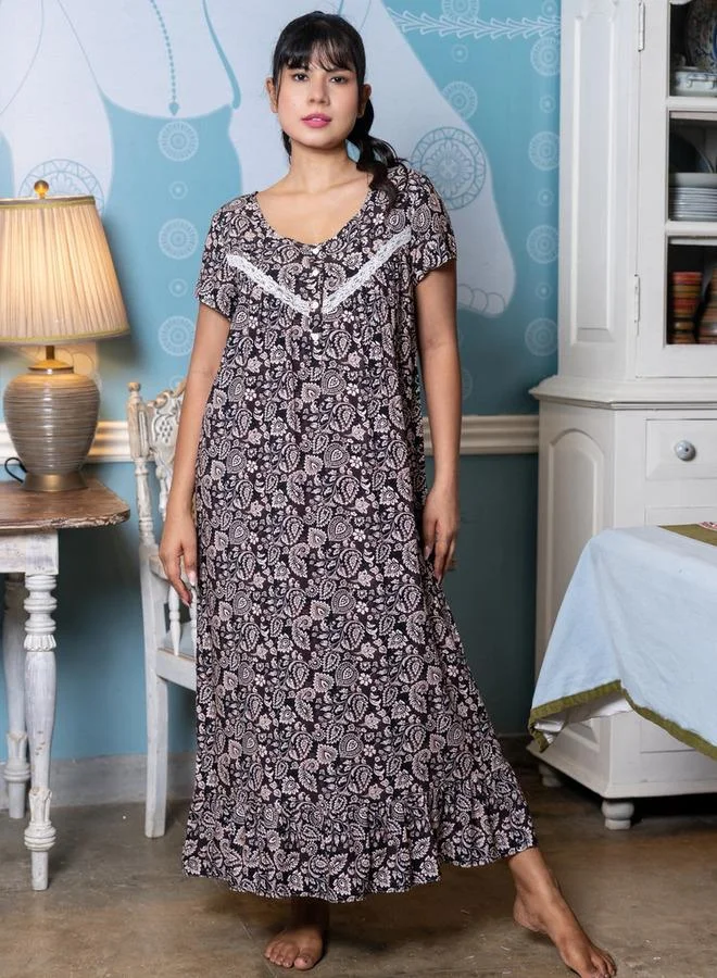 Aadaraya Aadaraya Night Dress Short Sleeves Printed