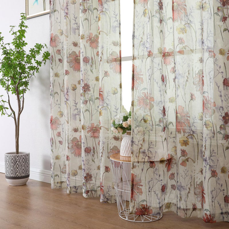 OWENIE Crushed Semi Sheer Curtains 72 Inches Length 2 Panels, Floral Pattern Design Rod Pocket Light Filtering Farmhouse Curtains for Bedroom Living Room, 2 Pieces Total 84 Inch Wide, 72 inch Long - Image 1