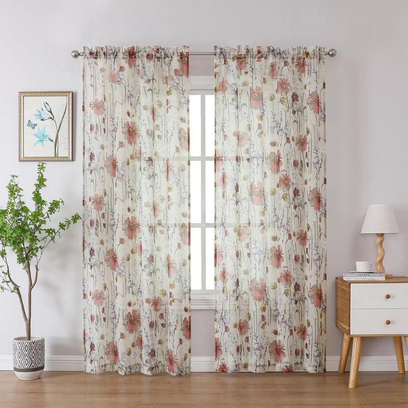 OWENIE Crushed Semi Sheer Curtains 72 Inches Length 2 Panels, Floral Pattern Design Rod Pocket Light Filtering Farmhouse Curtains for Bedroom Living Room, 2 Pieces Total 84 Inch Wide, 72 inch Long - Image 2