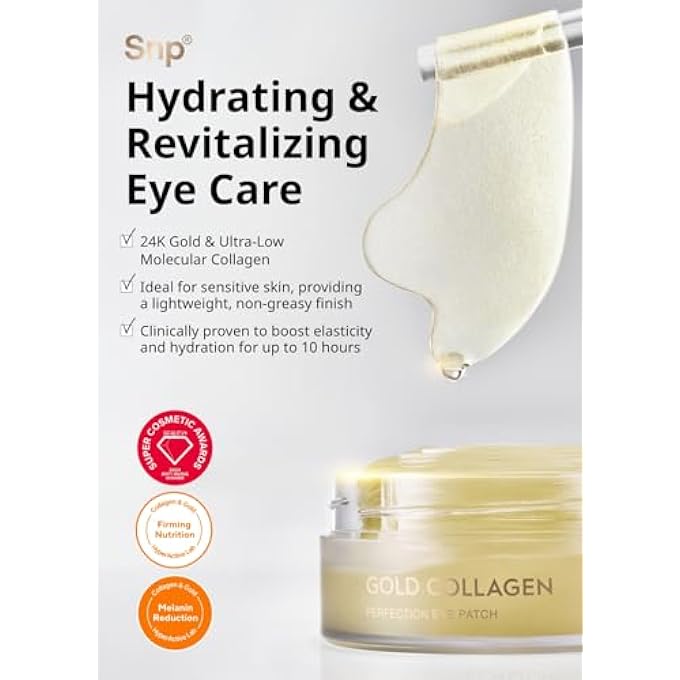 SNP 125Da Collagen + 24K Gold Perfection Eye Patch | Nourishing Under Eye Patches for Wrinkles and Dark Spots | Under Masks for Puffy Eyes and Dark Circles | Korean Collagen Skincare | 60 Patches - Image 3