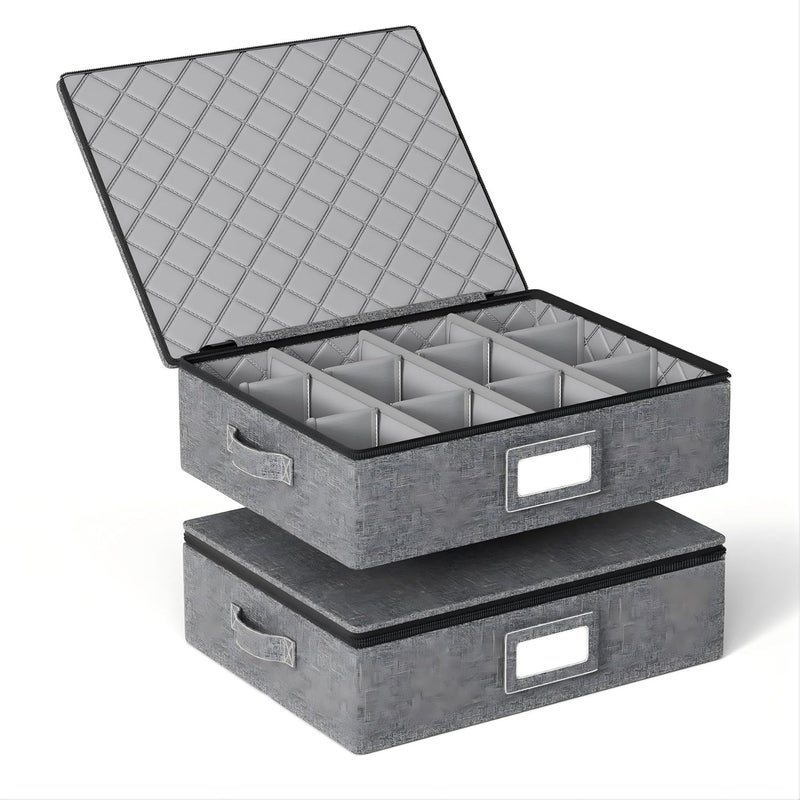 Durable Hard Shell Cup and Mug Storage Box with Dividers – Stackable Organizer with Lid, Handles, Zipper and Label, Portable 12-Cup Holder for Coffee, Tea, Glasses, Kitchen or Moving – 2 Pack Grey - Image 1