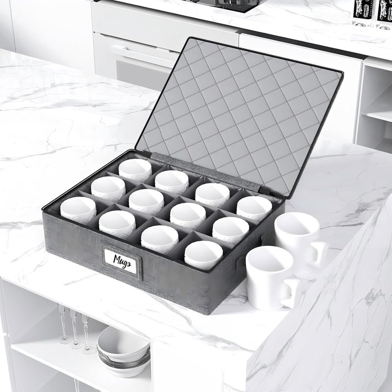 Durable Hard Shell Cup and Mug Storage Box with Dividers – Stackable Organizer with Lid, Handles, Zipper and Label, Portable 12-Cup Holder for Coffee, Tea, Glasses, Kitchen or Moving – 2 Pack Grey - Image 2