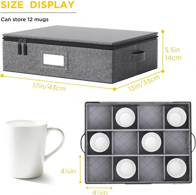 Durable Hard Shell Cup and Mug Storage Box with Dividers – Stackable Organizer with Lid, Handles, Zipper and Label, Portable 12-Cup Holder for Coffee, Tea, Glasses, Kitchen or Moving – 2 Pack Grey - Image 3