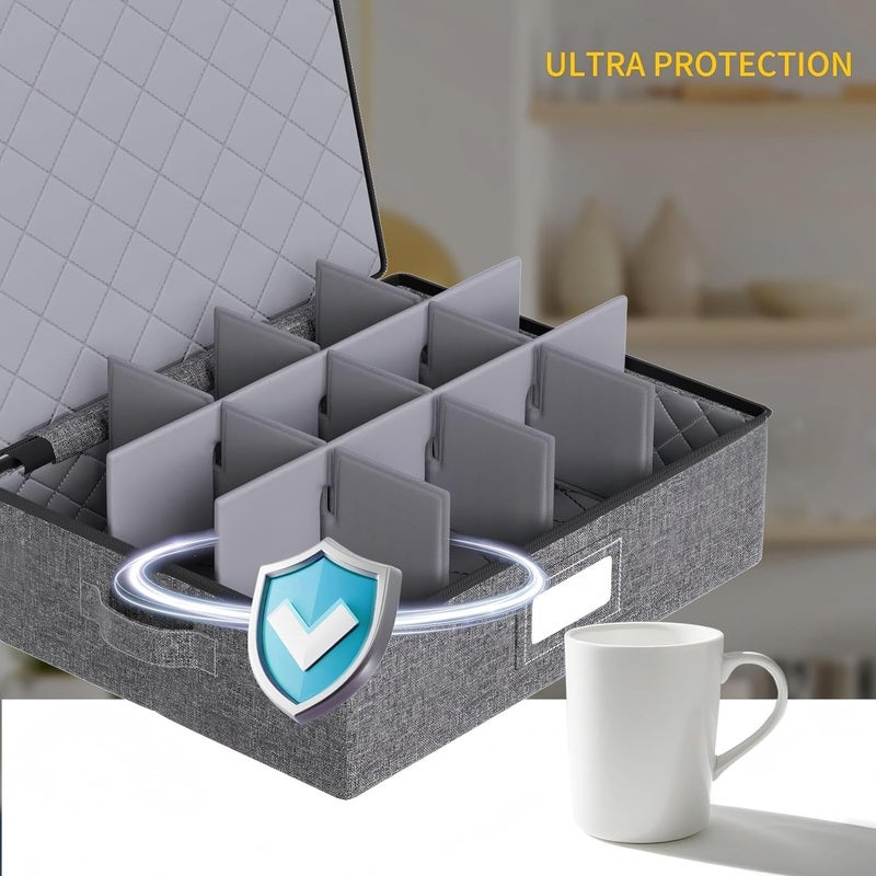 Durable Hard Shell Cup and Mug Storage Box with Dividers – Stackable Organizer with Lid, Handles, Zipper and Label, Portable 12-Cup Holder for Coffee, Tea, Glasses, Kitchen or Moving – 2 Pack Grey - Image 4