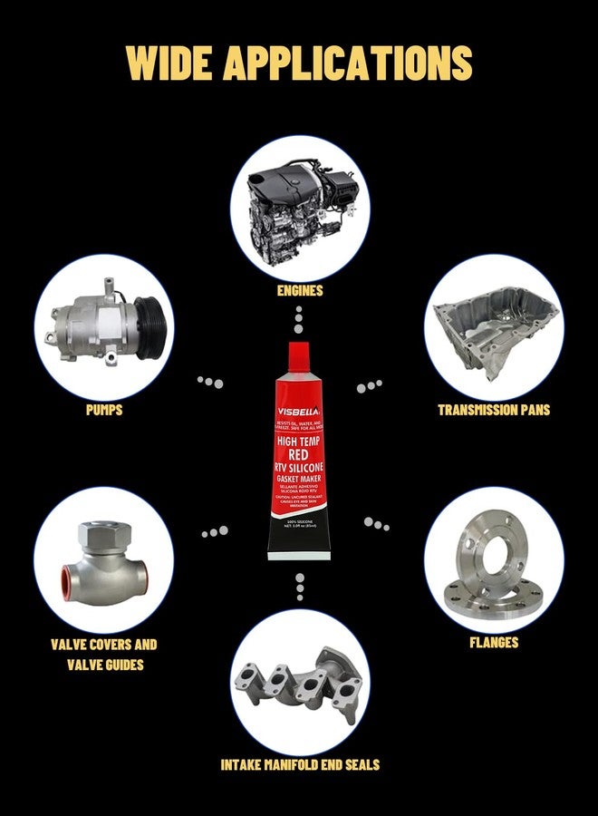 Visbella High Temperature RTV Silicone Gasket Maker, Sealed Oil Resistant Waterproof Quick Dry Liquid for Bonding Internal Combustion, Steam Turbines, Automotive Engine Parts 3.7OZ (1, Red) - Image 5