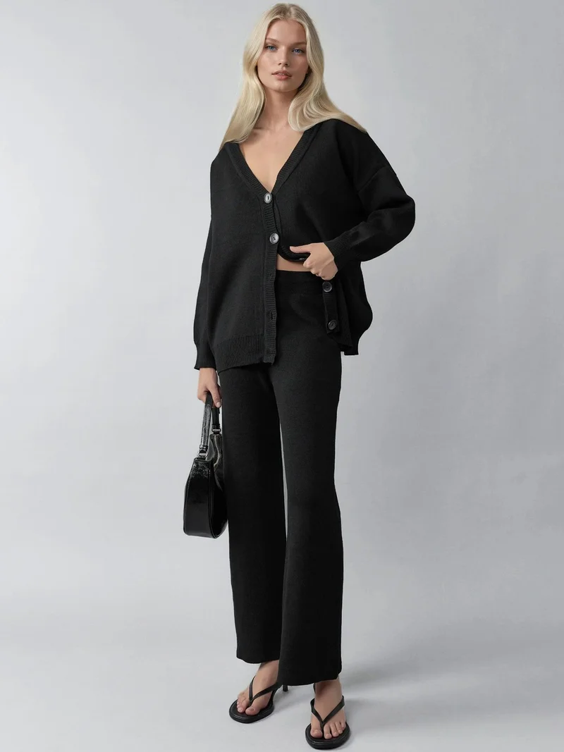 MY FASHION Black MY FASHION V-Neck Cardigan and Wide Leg Pants Knitwear Set for Women | Best Price UAE