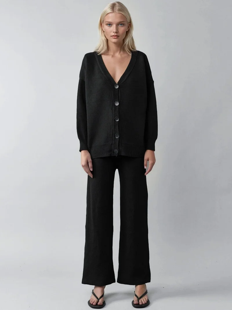 MY FASHION Black MY FASHION V-Neck Cardigan and Wide Leg Pants Knitwear Set for Women | Best Price UAE