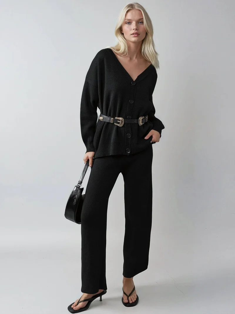 MY FASHION V-Neck Cardigan and Wide Leg Pants Knitwear Set