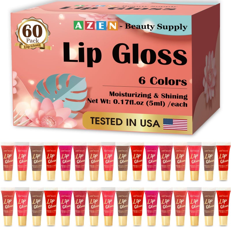 AZEN 60 Pack Lip Gloss Set, Color Lip Oil for Dry Cracked Lips Moisturizing Hydrating Nourishing with Vitamin E, Valentines Gifts Easter Basket Stuffers - Image 1
