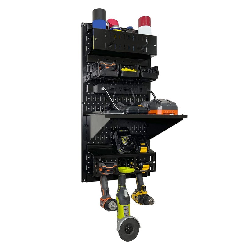 Wall Control Power Tool Storage Organizer Kit Cordless Drill Holder Charging Station Rack 16” x 32” Metal Pegboard Organization System (Black Pegboard) - Image 3