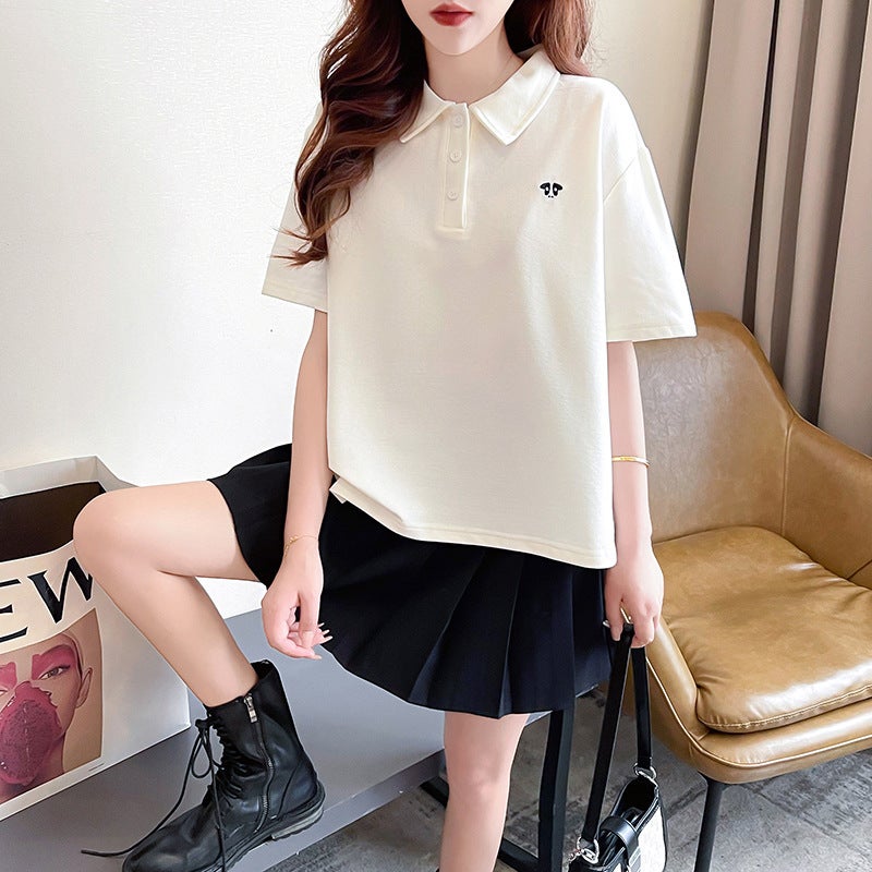 plus size Womens Wear 2024 Summer chubby girl Slim-fit Covering Top Western Style Age-reducing Polo Collar Shoulder Short-sleeve T-shirt Apricot