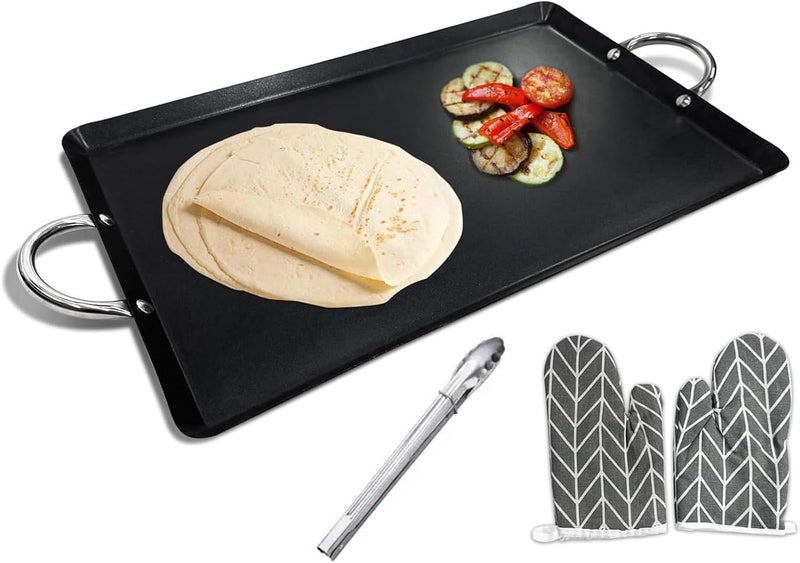 LetFeng ᅟᅠ 26” Double Burner Griddle Nonstick Double Burner Stainless Steels Stove Top Flat Griddle Coated Cool Touch Handle Oven Safe & Compatible With All Stovetops Black And Silver - Image 1