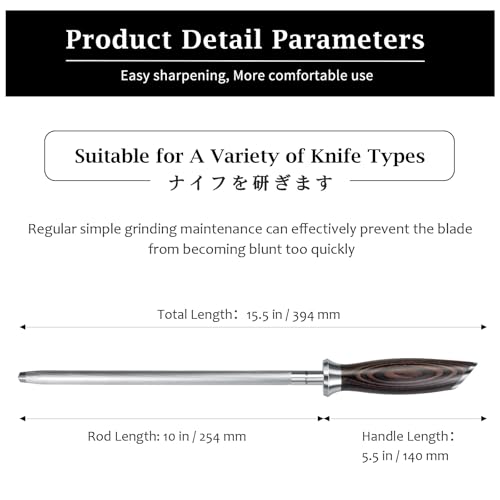 HOSHANHO Honing Rod,10 Inch Professional Kitchen Knife Sharpener Rod, Japanese High Carbon Knife Sharpening Steel with Ergonomic Pakkawood Handle, Ideal for All Chef Knives - Image 4