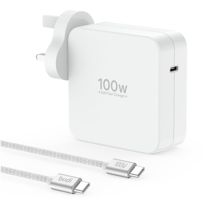 بودي شاحن حائط سريع بتقنية GaN وقوة 100 واط (AC376UTTW) مع كابل USB-C إلى USB-C بطول مترين؛ محول شحن فائق السرعة بتقنية PD لأجهزة الكمبيوتر المحمول والأجهزة اللوحية والهواتف الذكية؛ شاحن مدمج ومثالي للسفر، لون أبيض. - Image 1