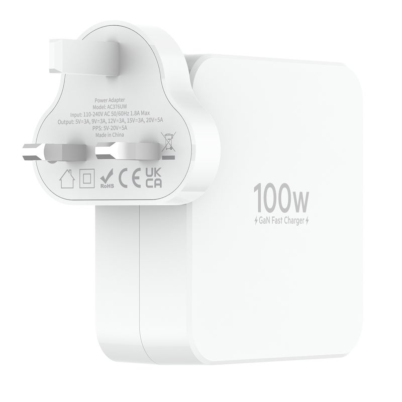 بودي شاحن حائط سريع بتقنية GaN وقوة 100 واط (AC376UTTW) مع كابل USB-C إلى USB-C بطول مترين؛ محول شحن فائق السرعة بتقنية PD لأجهزة الكمبيوتر المحمول والأجهزة اللوحية والهواتف الذكية؛ شاحن مدمج ومثالي للسفر، لون أبيض. - Image 3