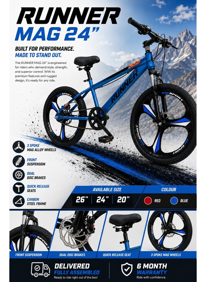 RUNNER MAG 24" Bicycle with 3-Spoke Mag Alloy Wheels, Dual Disc Brakes, Front Suspension, Carbon Steel Frame, Quick Release Seat, Fully Assembled - Image 2