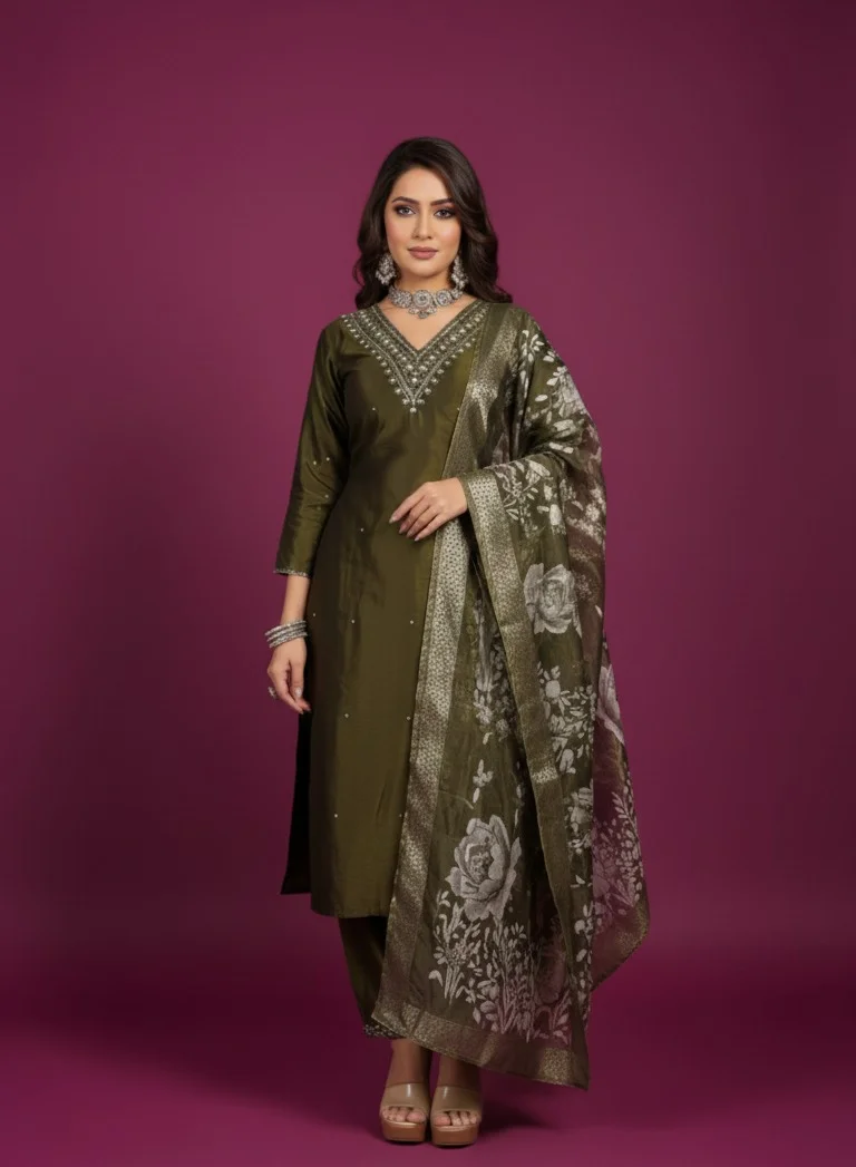 Lehar Olive Green Raw Silk Kurta Set with Silver Zari Embroidered Dupatta