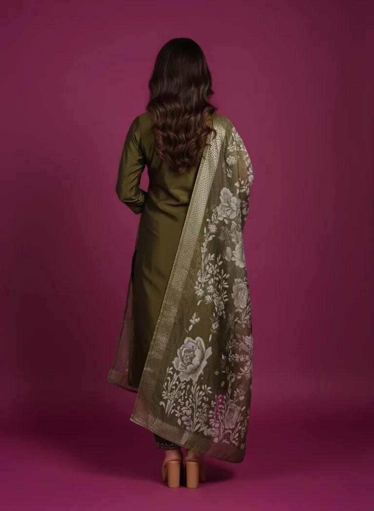 Lehar Olive Green Raw Silk Kurta Set with Silver Zari Embroidered Dupatta