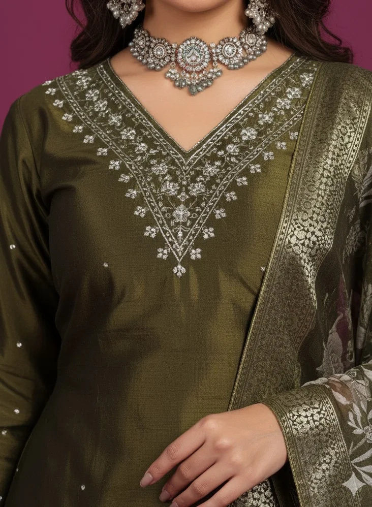 Lehar  Olive Green Kurta Set with Organza Dupatta for Women | Best Price UAE