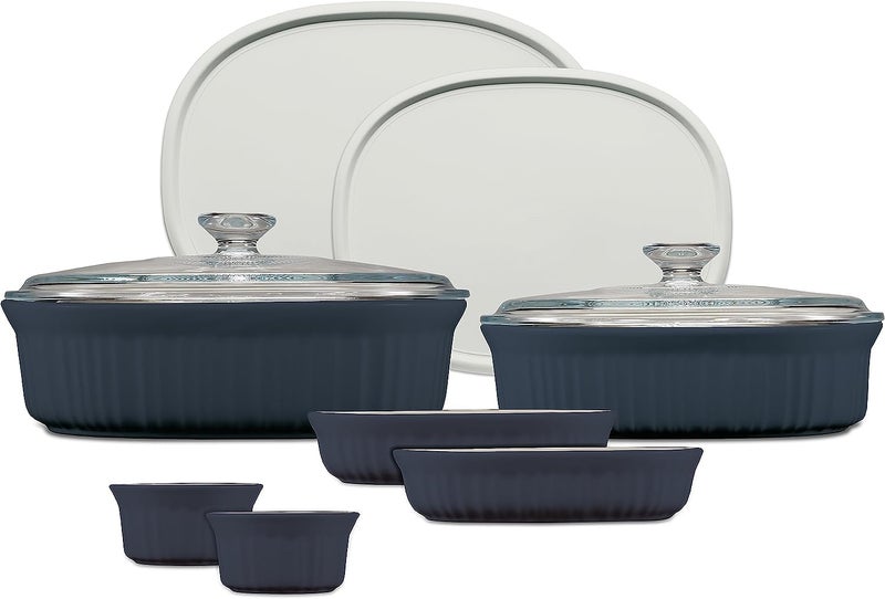 Corningware طقم أواني الخبز السيراميكية من كورنينغ وير مع أغطية، مقاومة للكسر والشقوق، صينية خبز من الحجر، آمنة للاستخدام في الميكروويف، غسالة الصحون، الفرن، الفريزر والثلاجة، 10 قطع باللون البحري الفرنسي - Image 1
