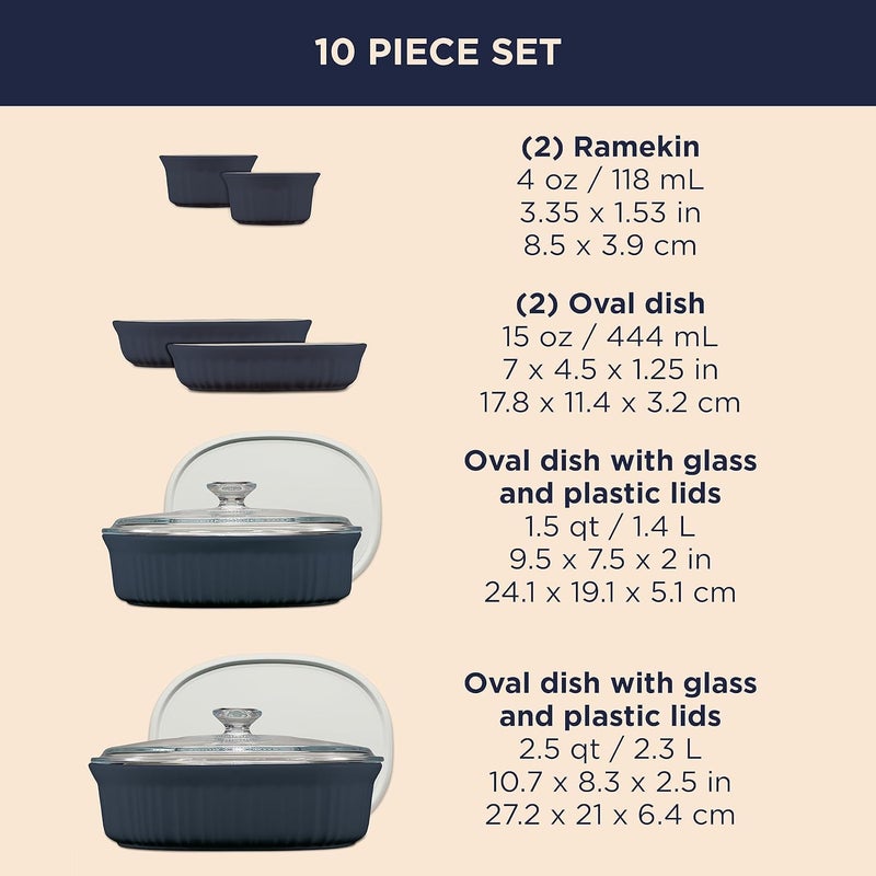 Corningware طقم أواني الخبز السيراميكية من كورنينغ وير مع أغطية، مقاومة للكسر والشقوق، صينية خبز من الحجر، آمنة للاستخدام في الميكروويف، غسالة الصحون، الفرن، الفريزر والثلاجة، 10 قطع باللون البحري الفرنسي - Image 2