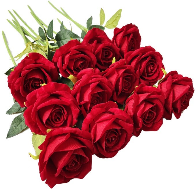 12 Pcs Artificial Rose Flowers Red Blossom Rose Flowers Real Touch Silk Faux Roses with Stem Rose Bouquets for Home Decoration Wedding Party Garden Floral Decor